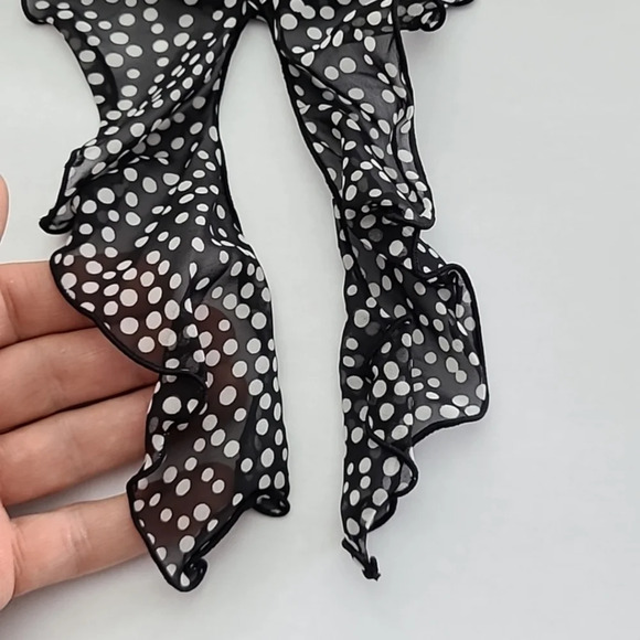 ESPRIT  Blouse Top Black White Polka Dots Semi Sheer Ruffle Long Sleeves Size XS - Picture 7 of 14